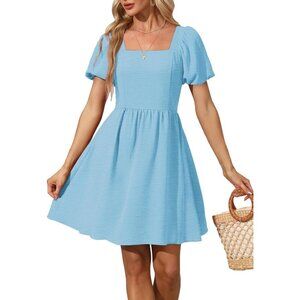 Ofeefan Women Baby Blue Puff Sleeve Square Neck Tie in Back Dresses with Zipper